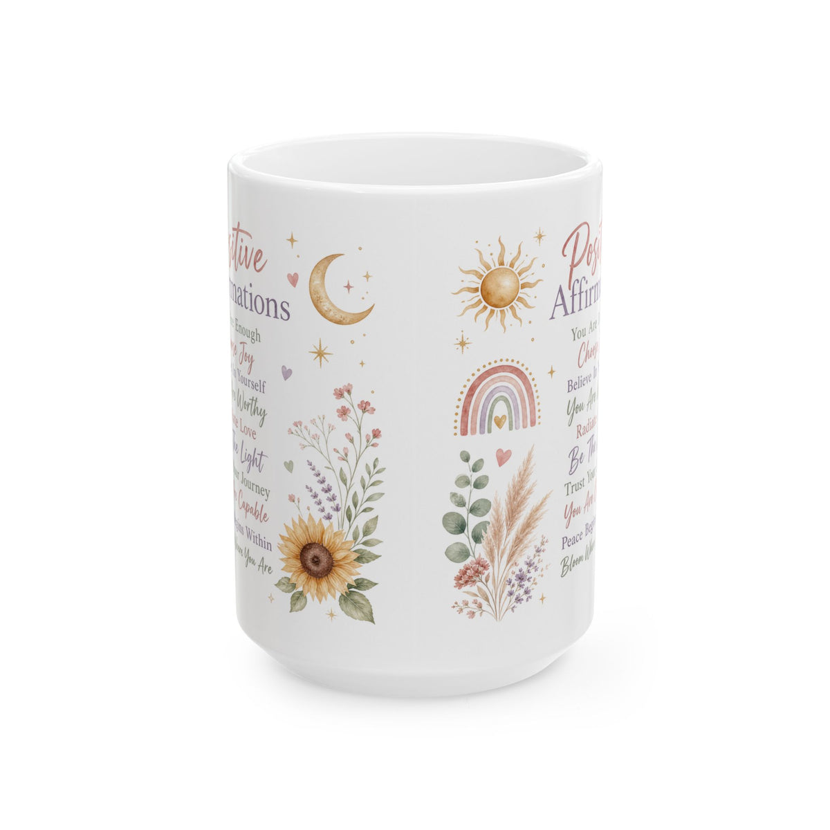 Positive Affirmations Mug, Boho Sunflower Self-Love & Mindfulness Design