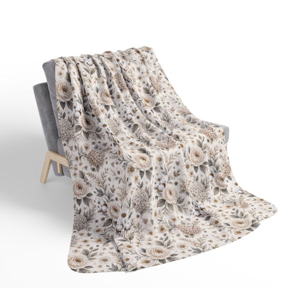 Whispering Meadow Sherpa Blanket, Neutral Boho Floral Throw