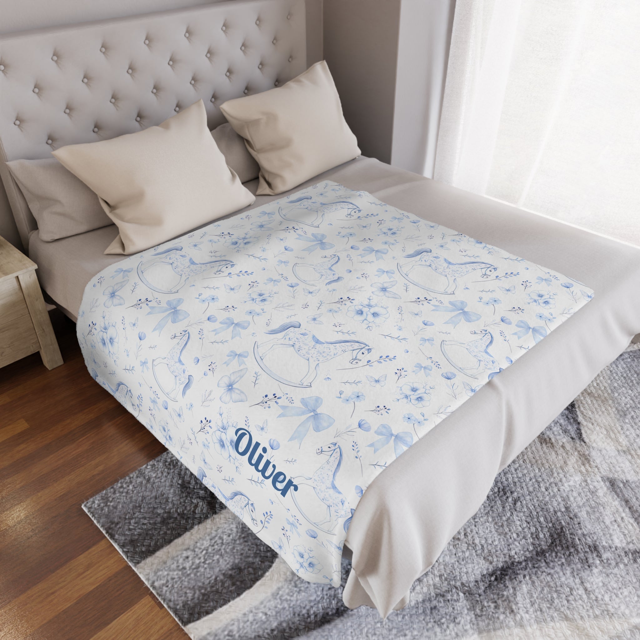 Personalized Blue Rocking Horse Blanket, Chinoiserie Toile Baby Blanket with Custom Name, Soft Baby Throw, Nursery Decor, Baby Shower Gift