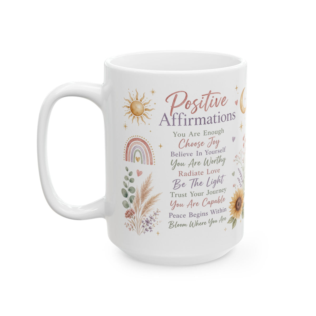Positive Affirmations Mug, Boho Sunflower Self-Love & Mindfulness Design