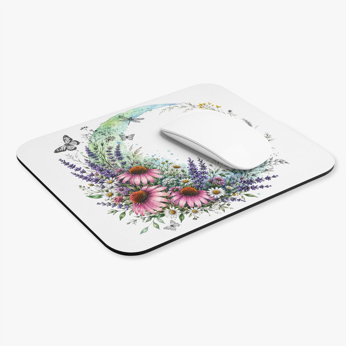 Celestial Wildflower Moon Mouse Pad, Boho Floral Desk Accessory