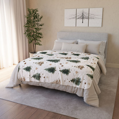 Winter Pines Sherpa Blanket, Cozy Woodland Christmas Throw