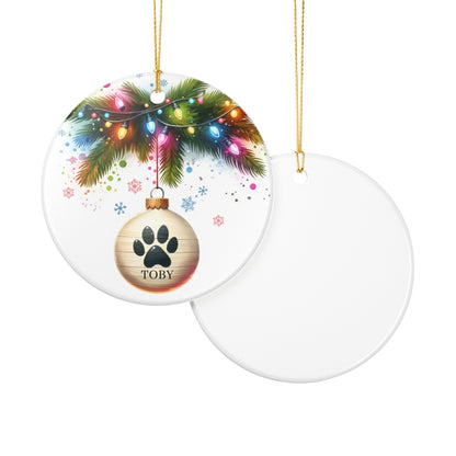 Personalized Dog Paw Print Ornament, Festive Christmas Lights Design