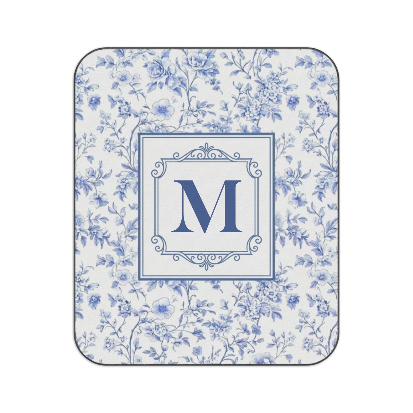 Personalized Blue Toile Monogram Picnic Blanket, French Country Floral Outdoor Blanket