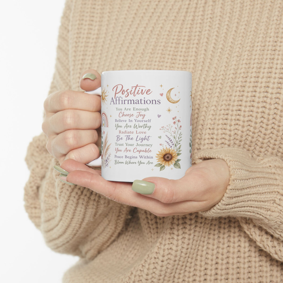 Positive Affirmations Mug, Boho Sunflower Self-Love & Mindfulness Design