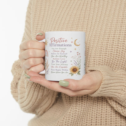 Positive Affirmations Mug, Boho Sunflower Self-Love & Mindfulness Design