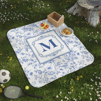 Personalized Blue Toile Monogram Picnic Blanket, French Country Floral Outdoor Blanket