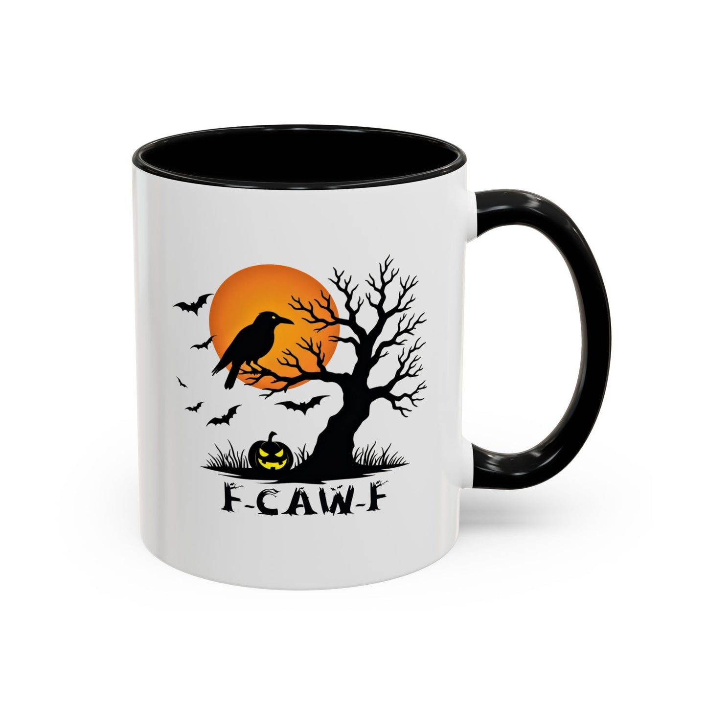 F-CAW-F Halloween Mug, Spooky Raven, Pumpkin & Moon Design