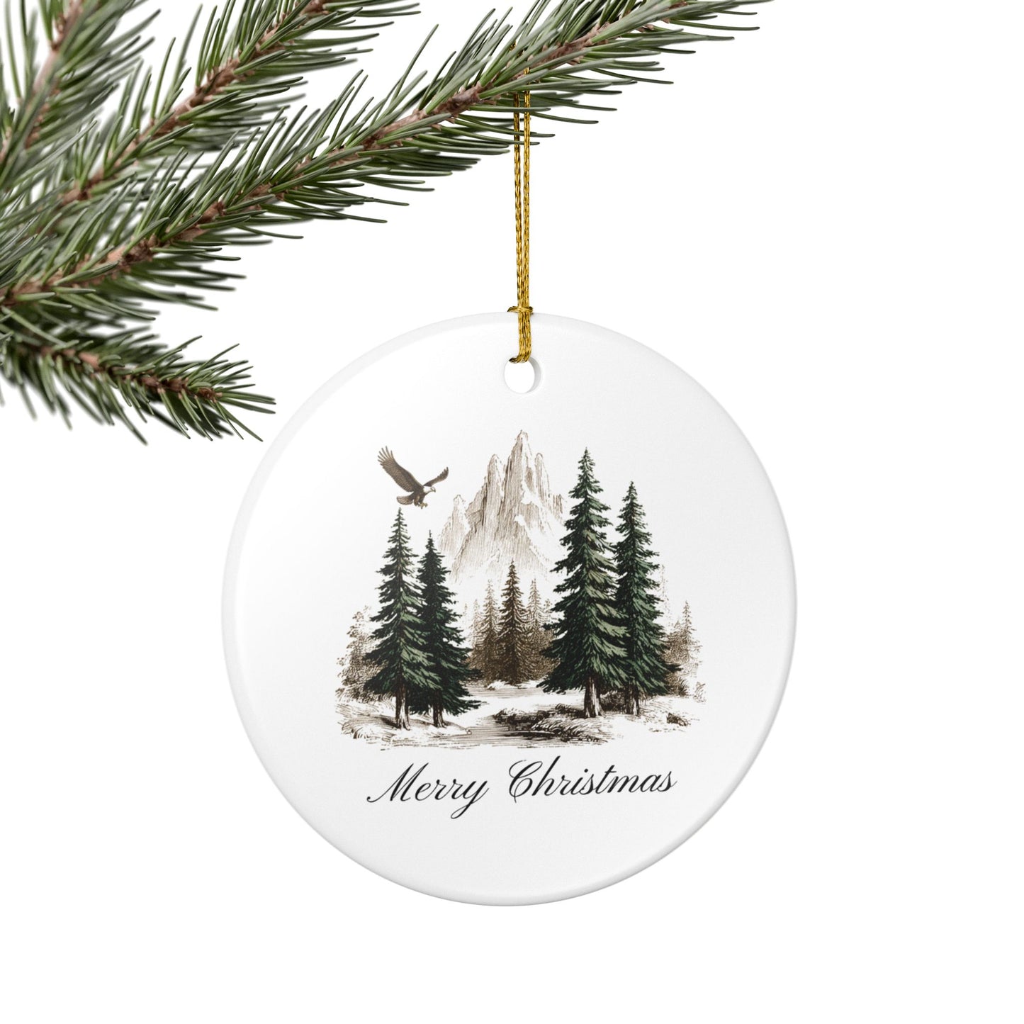 Rustic Merry Christmas Ornament, Mountain Pine Forest Theme