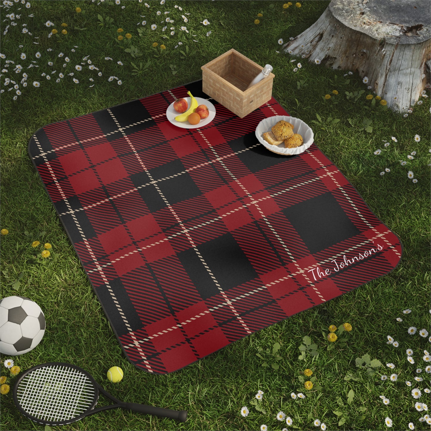 Personalized Red Plaid Blanket Waterproof Backing Oxford Cloth Picnic Mat Outdoor Use Camping Machine Washable Travel Rug Portable Design Fleece Top