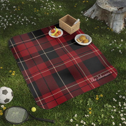 Personalized Red Plaid Blanket Waterproof Backing Oxford Cloth Picnic Mat Outdoor Use Camping Machine Washable Travel Rug Portable Design Fleece Top