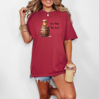 Chili T-shirt with a Renaissance Faire-inspired design featuring a wooden ale barrel topped with a frothy mug of beer and the phrase “All Hail The Ale!” in medieval-style lettering. A fun and festive shirt perfect for fair lovers, pub crawls, and anyone who enjoys the lively spirit of ale and medieval celebrations.