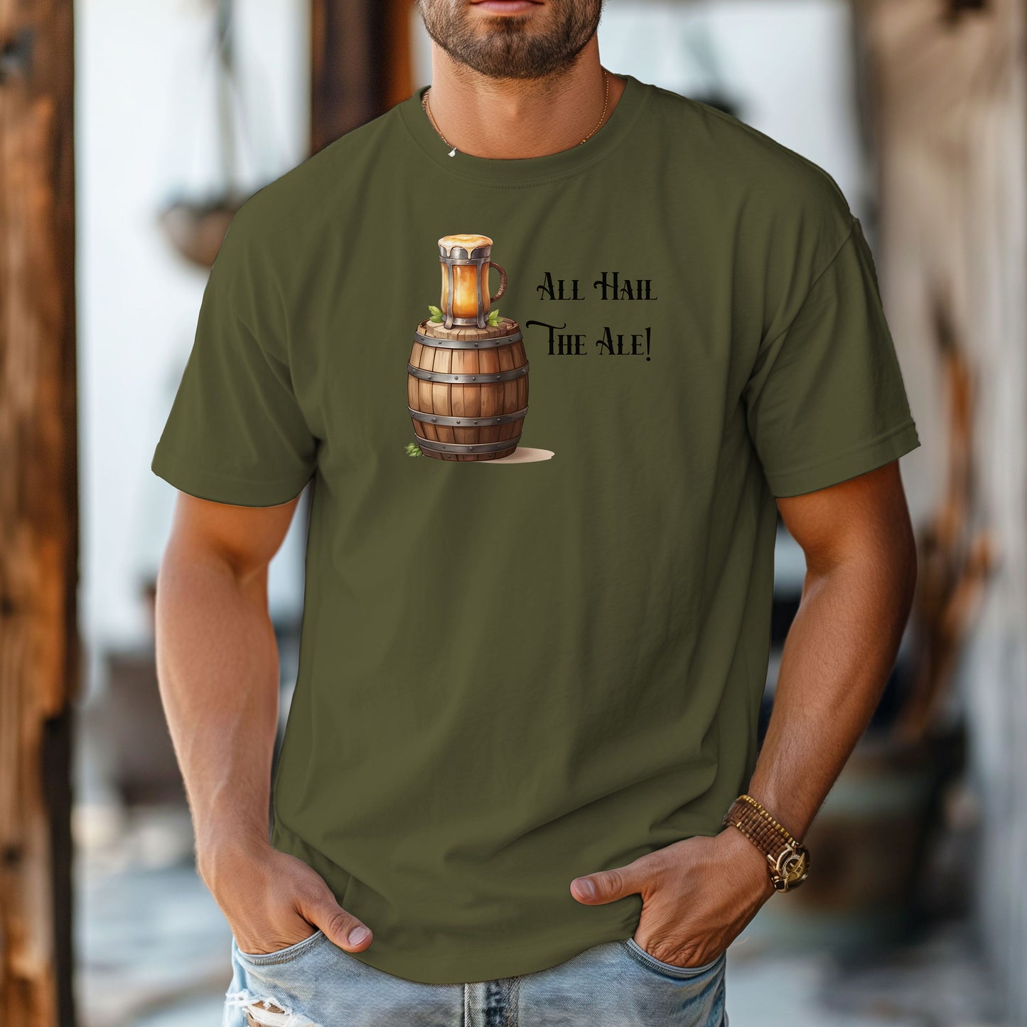 Hemp color T-shirt with a Renaissance Faire-inspired design featuring a wooden ale barrel topped with a frothy mug of beer and the phrase “All Hail The Ale!” in medieval-style lettering. A fun and festive shirt perfect for fair lovers, pub crawls, and anyone who enjoys the lively spirit of ale and medieval celebrations.