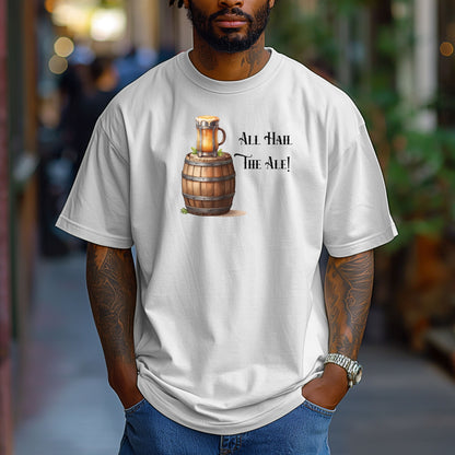 White T-shirt with a Renaissance Faire-inspired design featuring a wooden ale barrel topped with a frothy mug of beer and the phrase “All Hail The Ale!” in medieval-style lettering. A fun and festive shirt perfect for fair lovers, pub crawls, and anyone who enjoys the lively spirit of ale and medieval celebrations.