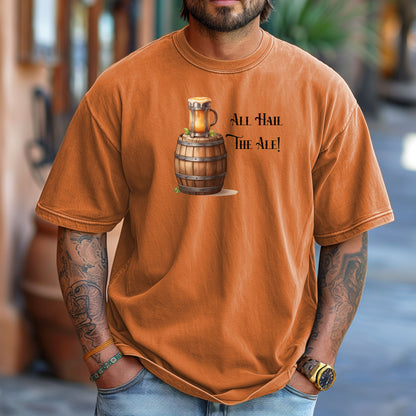 Yam T-shirt with a Renaissance Faire-inspired design featuring a wooden ale barrel topped with a frothy mug of beer and the phrase “All Hail The Ale!” in medieval-style lettering. A fun and festive shirt perfect for fair lovers, pub crawls, and anyone who enjoys the lively spirit of ale and medieval celebrations.