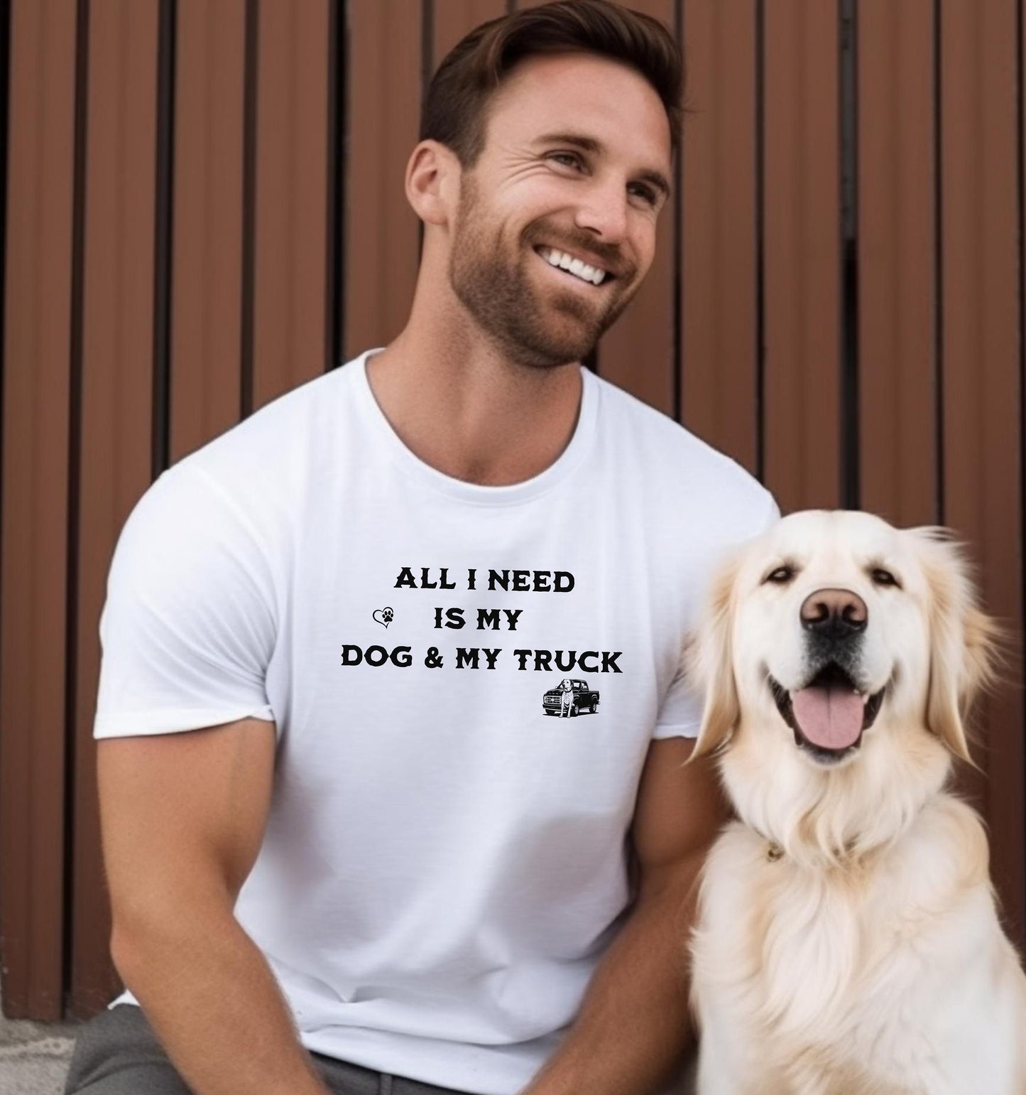 All I Need is My Dog & My Truck T-shirt featuring bold black text with small graphic icons of a paw print heart and a pickup truck. Printed on a white unisex tee, this casual design is perfect for dog lovers and truck enthusiasts who embrace a laid-back, country lifestyle. Ideal for everyday wear, gifting, or showing off two favorite passions—dogs and trucks.
