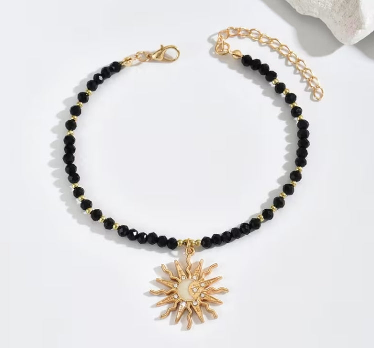 Golden Sun Celestial Beaded Anklet, Boho Ankle Bracelet