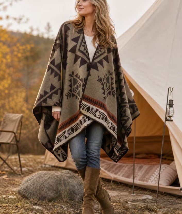 Boho Geometric Cape Shawl, Autumn/Winter Earth-Tone Southwestern-Inspired Wrap