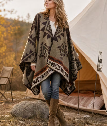 Boho Geometric Cape Shawl, Autumn/Winter Earth-Tone Southwestern-Inspired Wrap