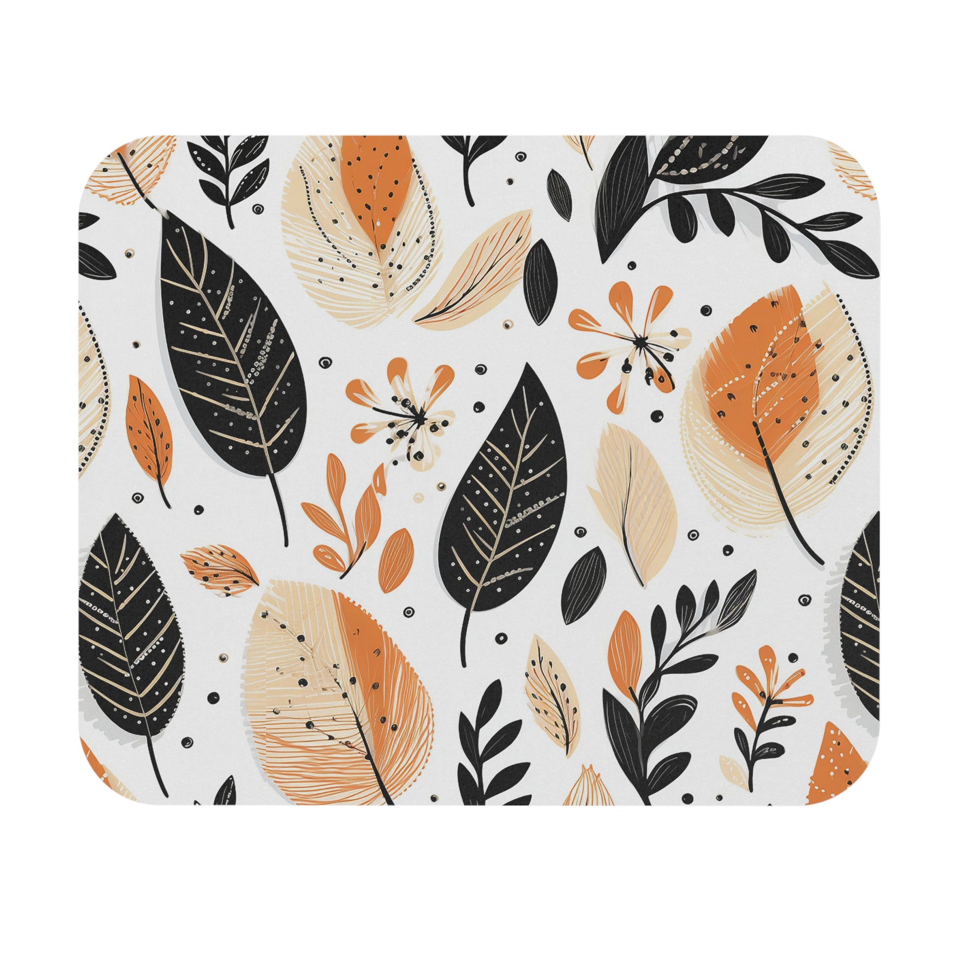 Patterned mouse pad with autumnal leaf design on a white background