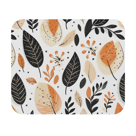 Patterned mouse pad with autumnal leaf design on a white background