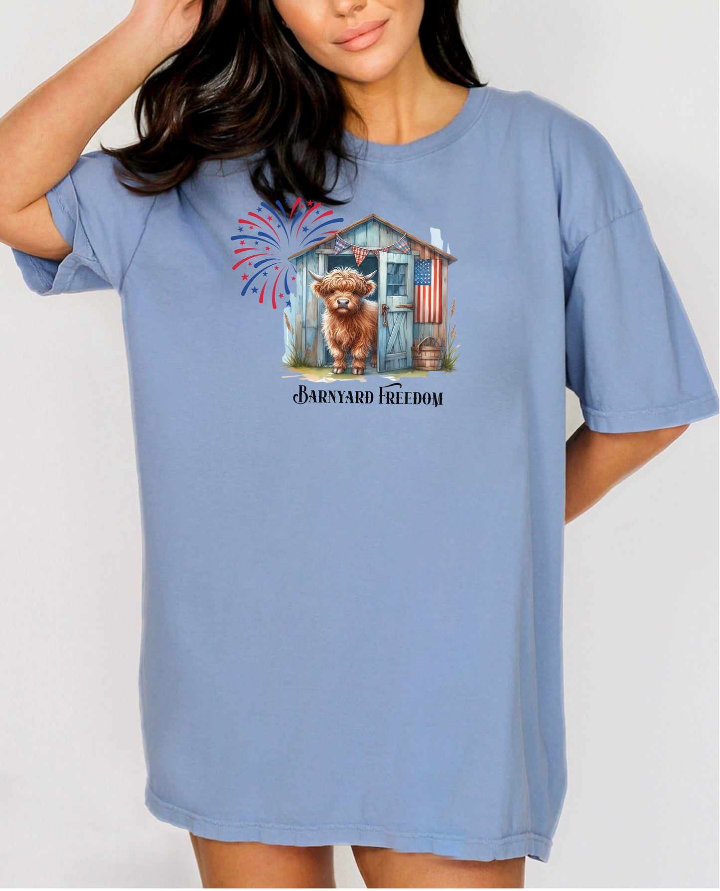 Washed Denim t-shirt featuring a 'Barnyard Freedom' design with a cute Highland cow standing in front of a rustic blue barn decorated with an American flag. Red, white, and blue fireworks burst in the background, creating a festive patriotic country vibe. Perfect for 4th of July and farm life lovers.