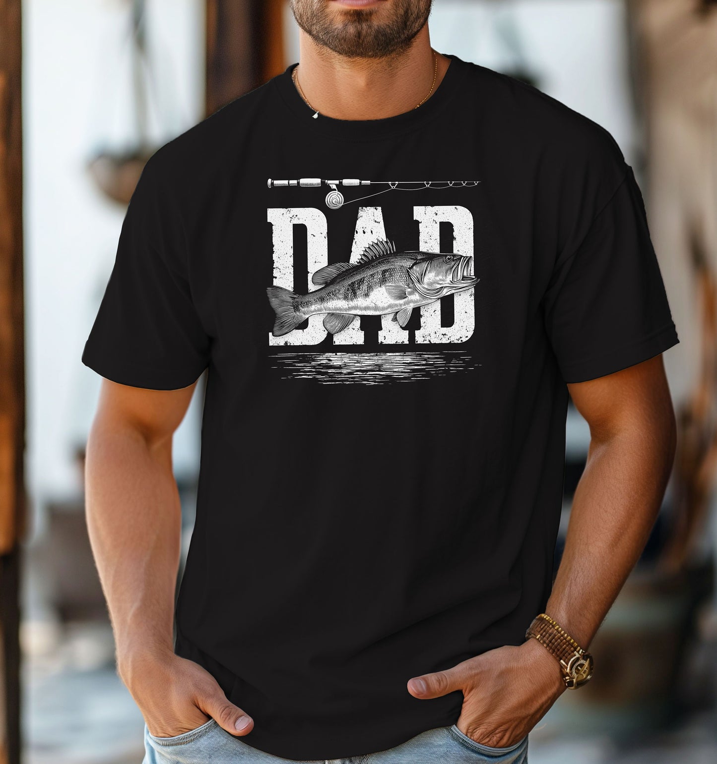 Dad Bass Fishing T-shirt featuring the word 'DAD' in bold, distressed white lettering with a detailed bass fish illustration overlaying the text. A fishing rod graphic runs above the design, with subtle water ripple details below. Printed on a black unisex tee, this shirt is perfect for dads who love fishing, making it an ideal gift for Father’s Day, birthdays, or weekend fishing trips.