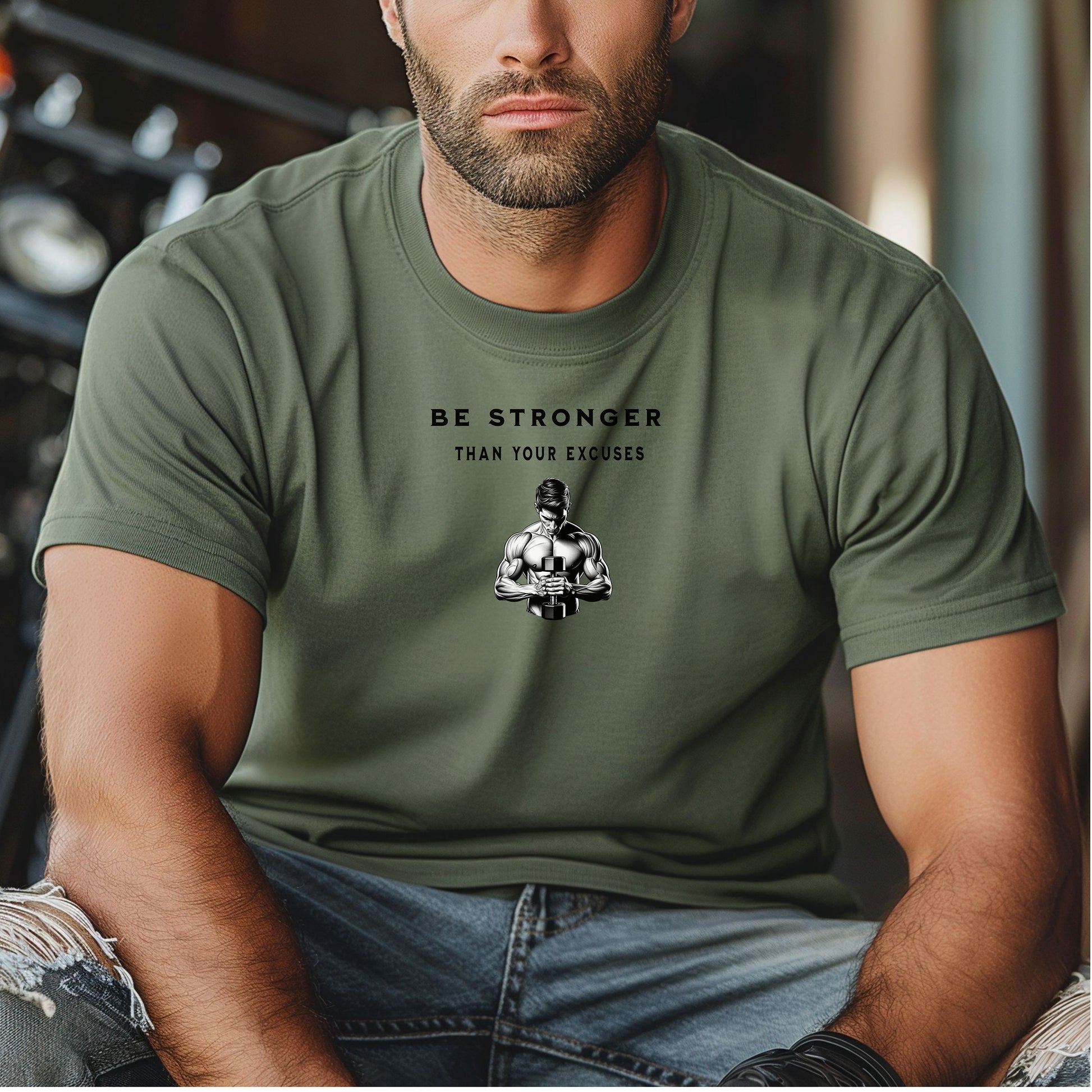 Person wearing a moss T-shirt featuring the motivational phrase “Be Stronger Than Your Excuses” in bold black lettering, with a graphic of a muscular figure holding a dumbbell below the text. Perfect for gym-goers, fitness enthusiasts, and athletes, this empowering workout shirt inspires determination, discipline, and strength training focus.