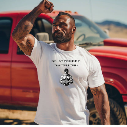 Person wearing a classic white T-shirt featuring the motivational phrase “Be Stronger Than Your Excuses” in bold black lettering, with a graphic of a muscular figure holding a dumbbell below the text. Perfect for gym-goers, fitness enthusiasts, and athletes, this empowering workout shirt inspires determination, discipline, and strength training focus.