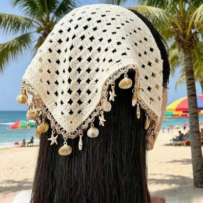 Boho Crochet Triangle Head Scarf with Shells, Summer Hair Wrap