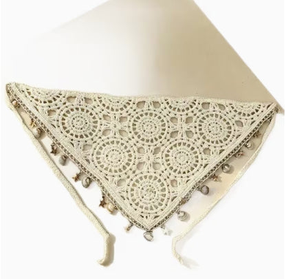 Boho Crochet Triangle Head Scarf with Shells, Summer Hair Wrap