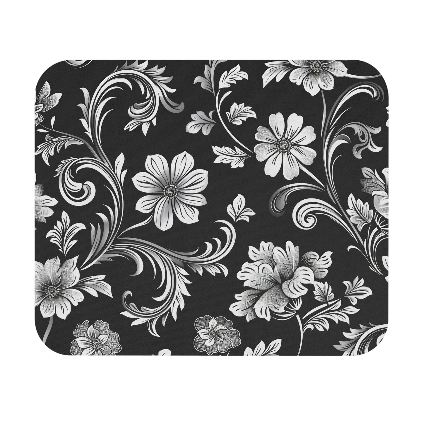Floral pattern with black and white flowers on a black background