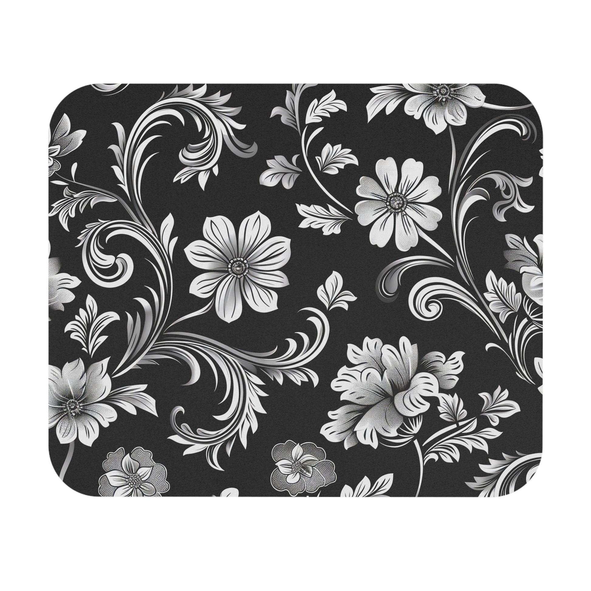 Floral pattern with black and white flowers on a black background