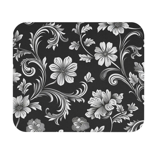 Floral pattern with black and white flowers on a black background