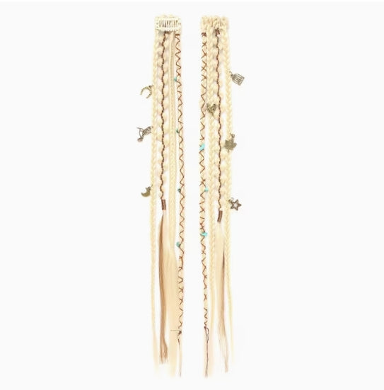 Boho Braided Hair Clip with Beads & Charms, Clip-In Hair Extension - Blonde