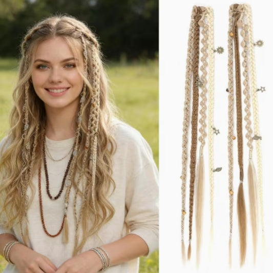 Boho Braided Hair Clip with Beads & Charms, Clip-In Hair Extension - Blonde