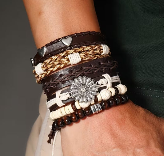 Wild & Free Boho Bracelet Set, Layered Leather & Beaded Bracelets