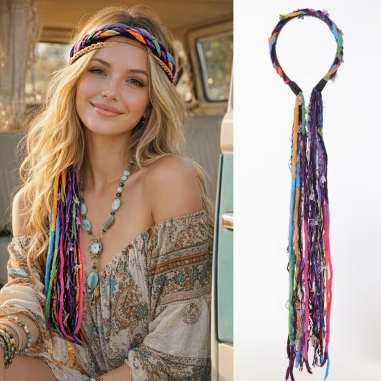 Boho Braided Headband with Colorful Tassels, Hippie Hair Accessory - Purple