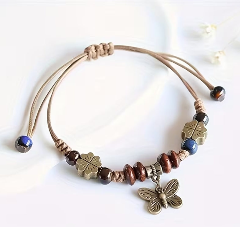 Free Spirit Butterfly Charm Bracelet, Rustic Boho Beaded Jewelry
