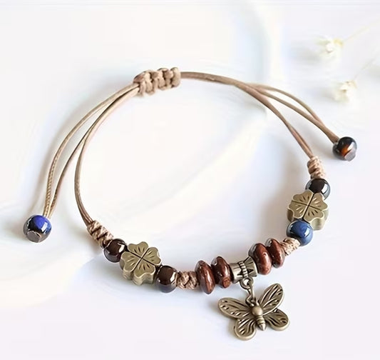 Free Spirit Butterfly Charm Bracelet, Rustic Boho Beaded Jewelry