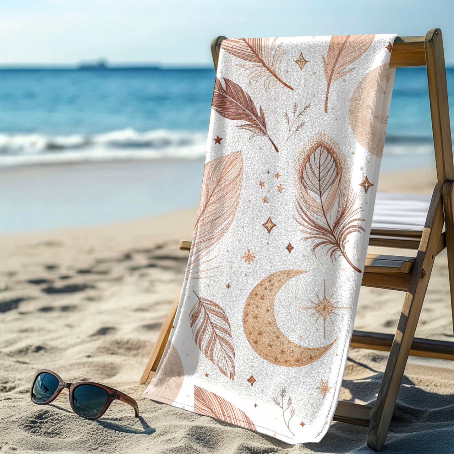 A white beach towel featuring a boho-style design with earthy-toned feathers, crescent moons, stars, and celestial accents hanging over the back of a beach chair. Set against a sunny ocean backdrop, this mystical and artistic towel brings dreamy, free-spirited vibes—perfect for beach days, festivals, or mindful relaxation.