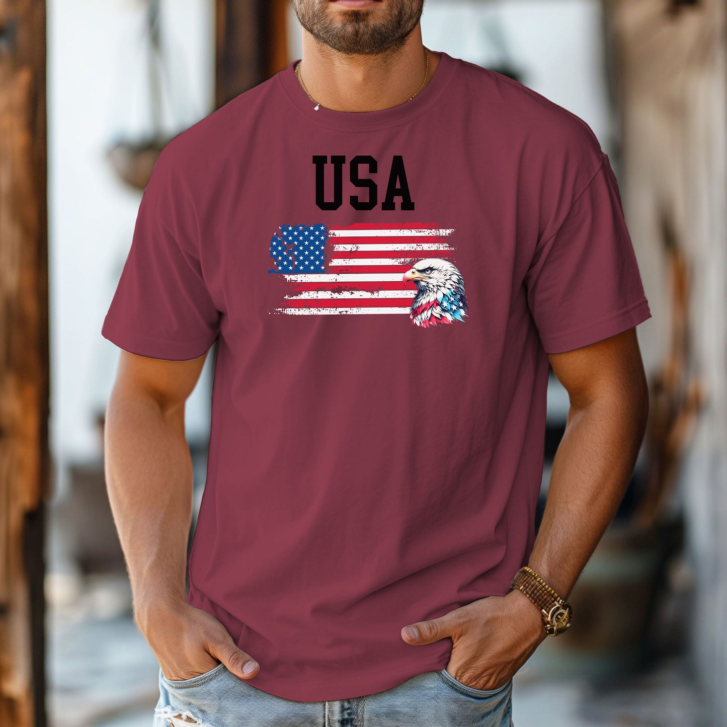 Chili  t-shirt featuring a bold patriotic design with the word 'USA' above a distressed American flag and a fierce bald eagle head on the right side. A strong, classic graphic tee perfect for 4th of July, Memorial Day, Veterans Day, or everyday wear to show American pride and patriotism.