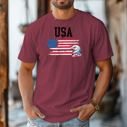 Chili  t-shirt featuring a bold patriotic design with the word 'USA' above a distressed American flag and a fierce bald eagle head on the right side. A strong, classic graphic tee perfect for 4th of July, Memorial Day, Veterans Day, or everyday wear to show American pride and patriotism.