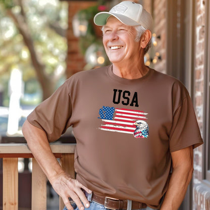 Espresso  t-shirt featuring a bold patriotic design with the word 'USA' above a distressed American flag and a fierce bald eagle head on the right side. A strong, classic graphic tee perfect for 4th of July, Memorial Day, Veterans Day, or everyday wear to show American pride and patriotism.