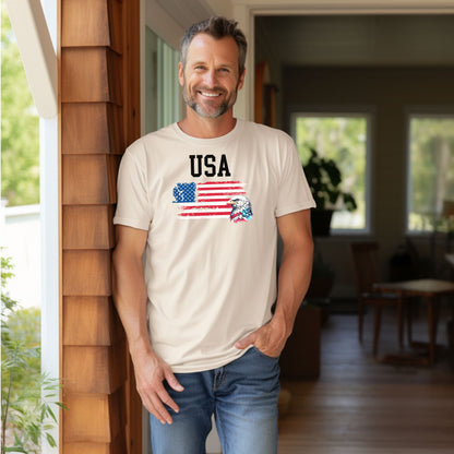 Ivory t-shirt featuring a bold patriotic design with the word 'USA' above a distressed American flag and a fierce bald eagle head on the right side. A strong, classic graphic tee perfect for 4th of July, Memorial Day, Veterans Day, or everyday wear to show American pride and patriotism.
