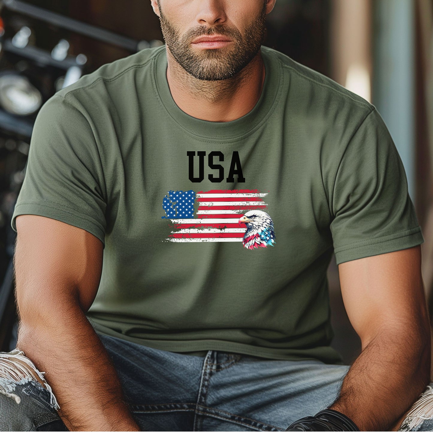 Moss  t-shirt featuring a bold patriotic design with the word 'USA' above a distressed American flag and a fierce bald eagle head on the right side. A strong, classic graphic tee perfect for 4th of July, Memorial Day, Veterans Day, or everyday wear to show American pride and patriotism.