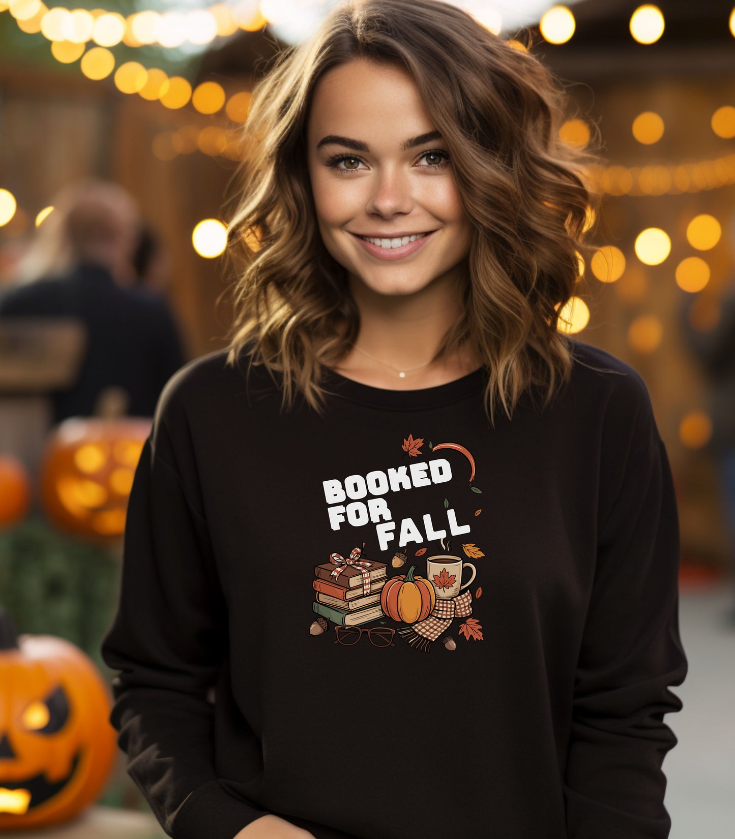 Black Gildan sweatshirt featuring a cozy autumn-themed “Booked For Fall” design with stacked books, pumpkin, coffee mug, scarf, glasses, and falling leaves in warm fall tones. Perfect for book lovers who embrace sweater weather, pumpkin spice, and cozy reading sessions during the autumn season.