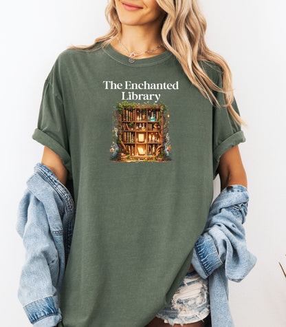 The Enchanted Library T-Shirt – Mystical Book Lover Design, Witchy tee, Books of Enchantment