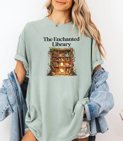 The Enchanted Library T-Shirt – Mystical Book Lover Design, Witchy tee, Books of Enchantment
