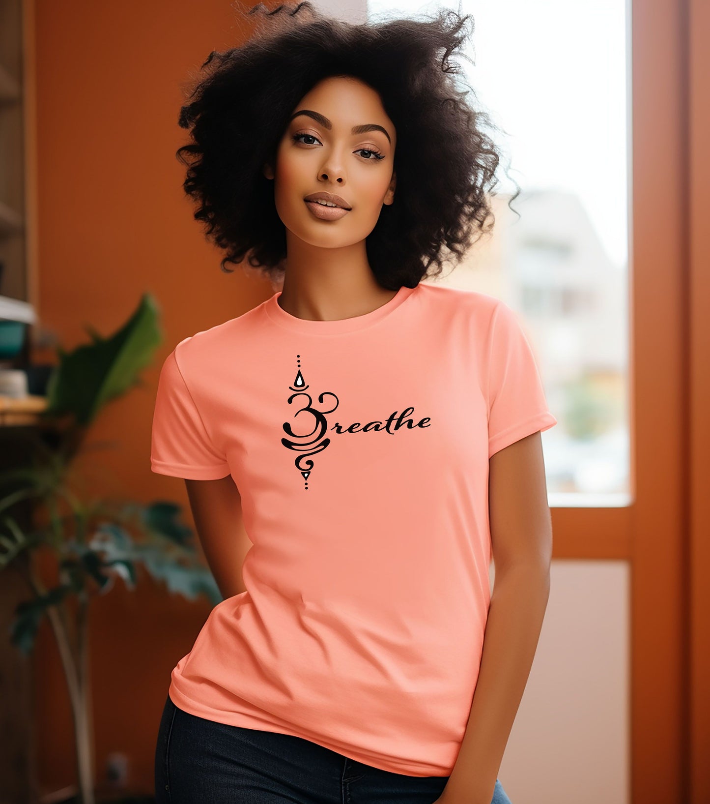 Breathe in Sanskrit T-shirt featuring an elegant black Sanskrit-inspired symbol integrated with the word 'Breathe' in flowing script. Printed on a soft, short-sleeve sunset unisex tee, this calming design promotes mindfulness and relaxation. Perfect for yoga enthusiasts, meditation practitioners, and anyone embracing a peaceful, intentional lifestyle.